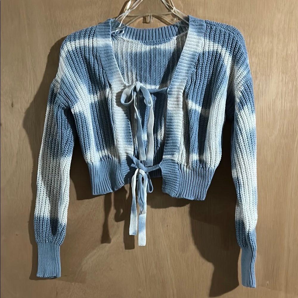 Aeropostale Blue and White Ribbed Knit Cropped Cardigan with Tie Detail